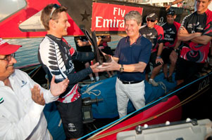 Yves Carcelle, Chairman and CEO of Louis Vuitton handles Dean Barker, Skipper of Emirates Team New Zealand the prize of the Louis Vuitton Trophy Dubai. © Paul Todd/OUTSIDEIMAGES.COM 